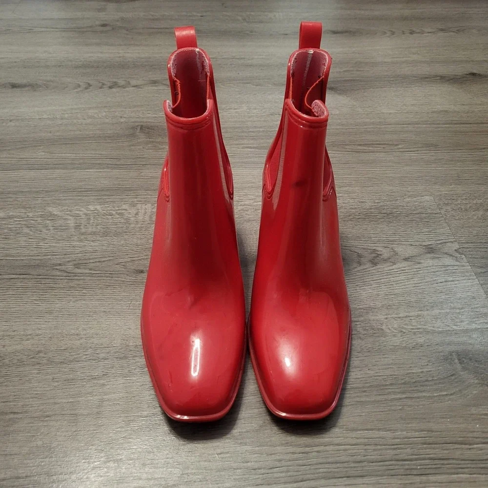 Jeffrey Campbell Red Jelly Rain Boots Square Toe Block Heel Women's Size 9‎